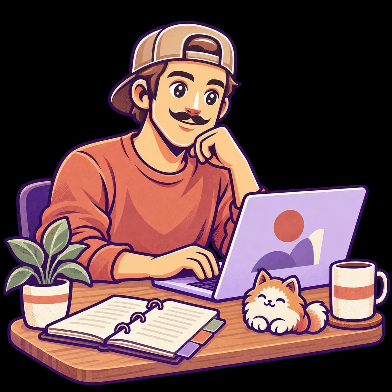 Illustrated Austin at his laptop, with an open binder, a cozy virtual pet, a plant, and coffee
